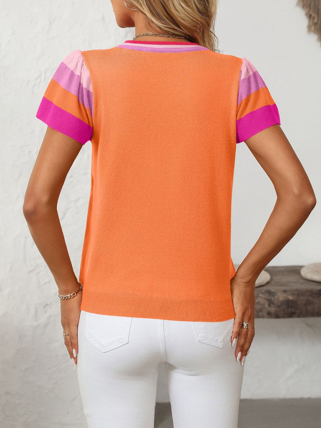 Outfit Flow - Mandy Contrast Round Neck Short Sleeve Knit Top