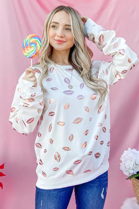 And The Why Kiss Pink Foil Allover Print Pullover Sweatshirts OutfitFlow