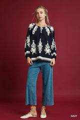 Umgee Two Tone Border Print Top with Balloon Sleeves Trendsi