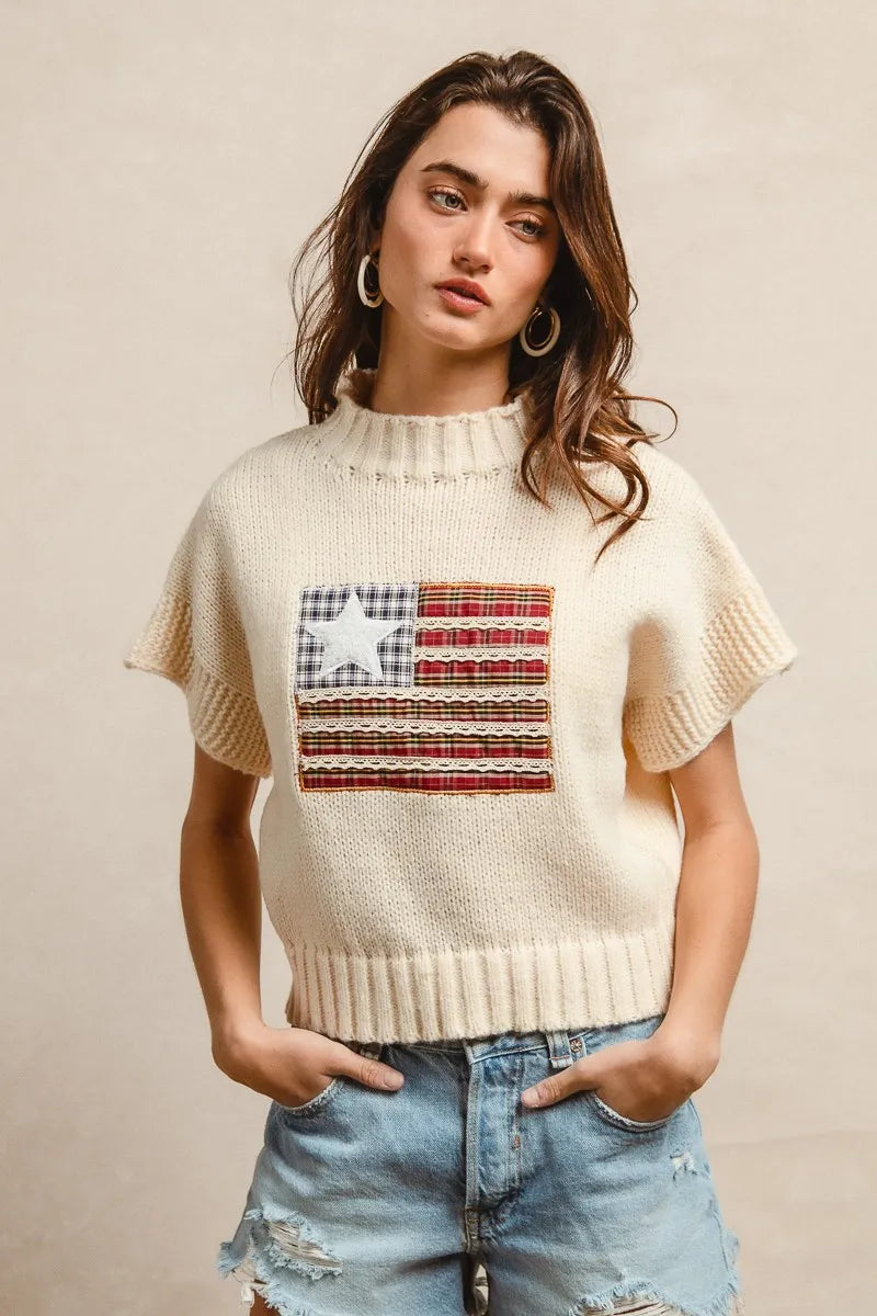 BiBi American Flag Patchwork Drop Shoulder Sweater OutfitFlow