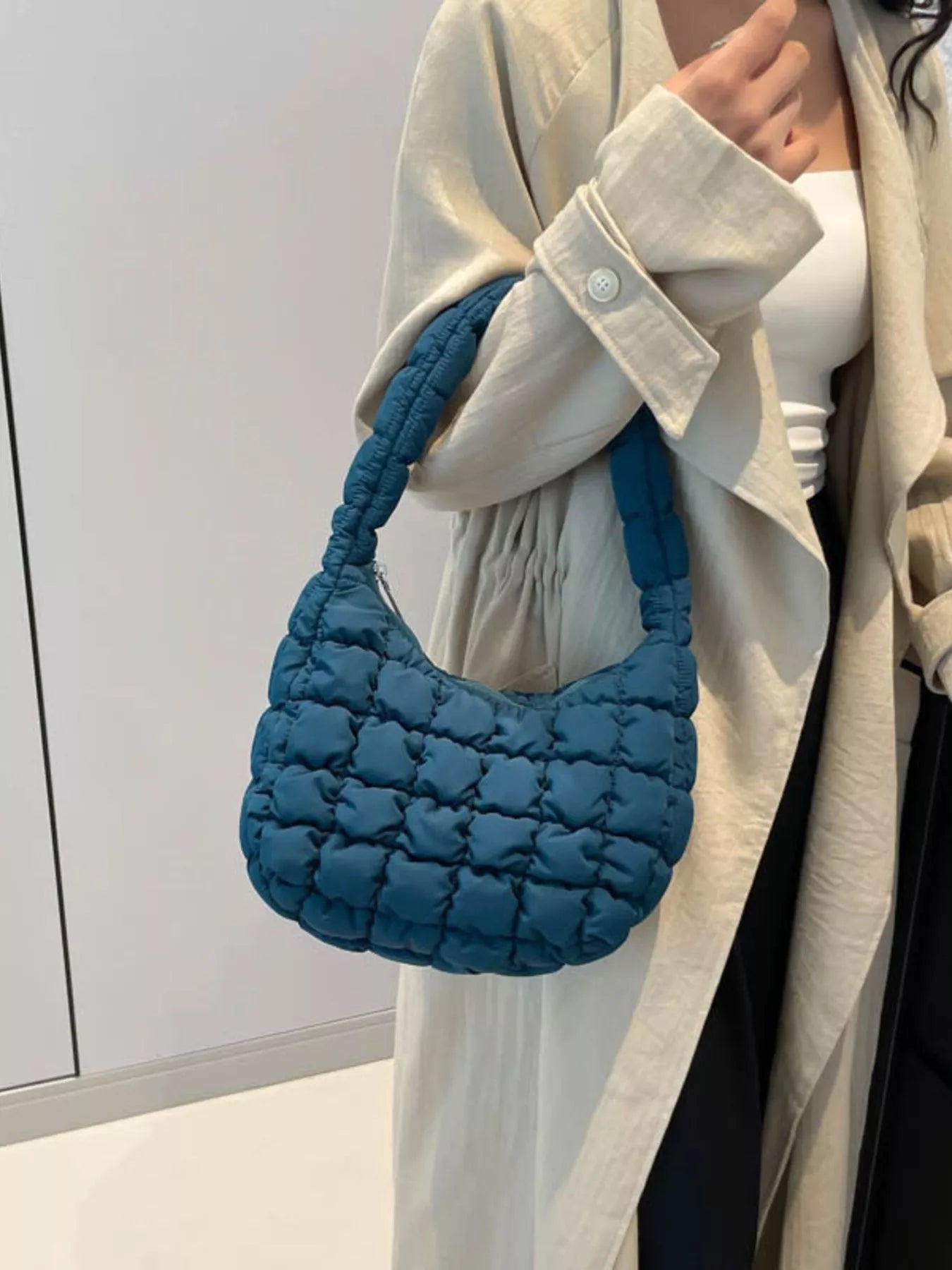 Quilted Ruched Shoulder Bag Dark Blue onesize OutfitFlow
