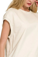 Zenana French Terry Round Neck Cap Sleeve T-Shirt OutfitFlow