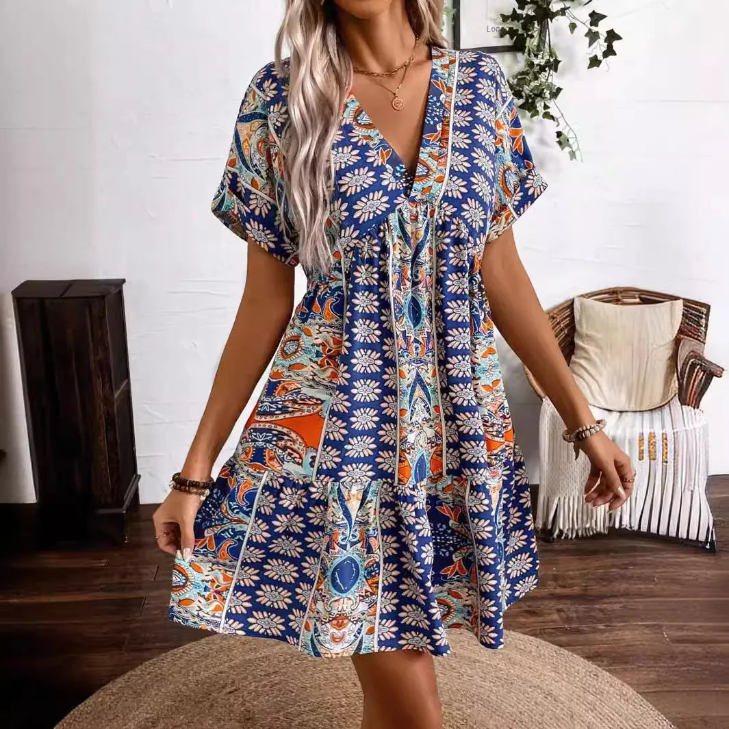 Printed V-Neck Short Sleeve Dress OutfitFlow