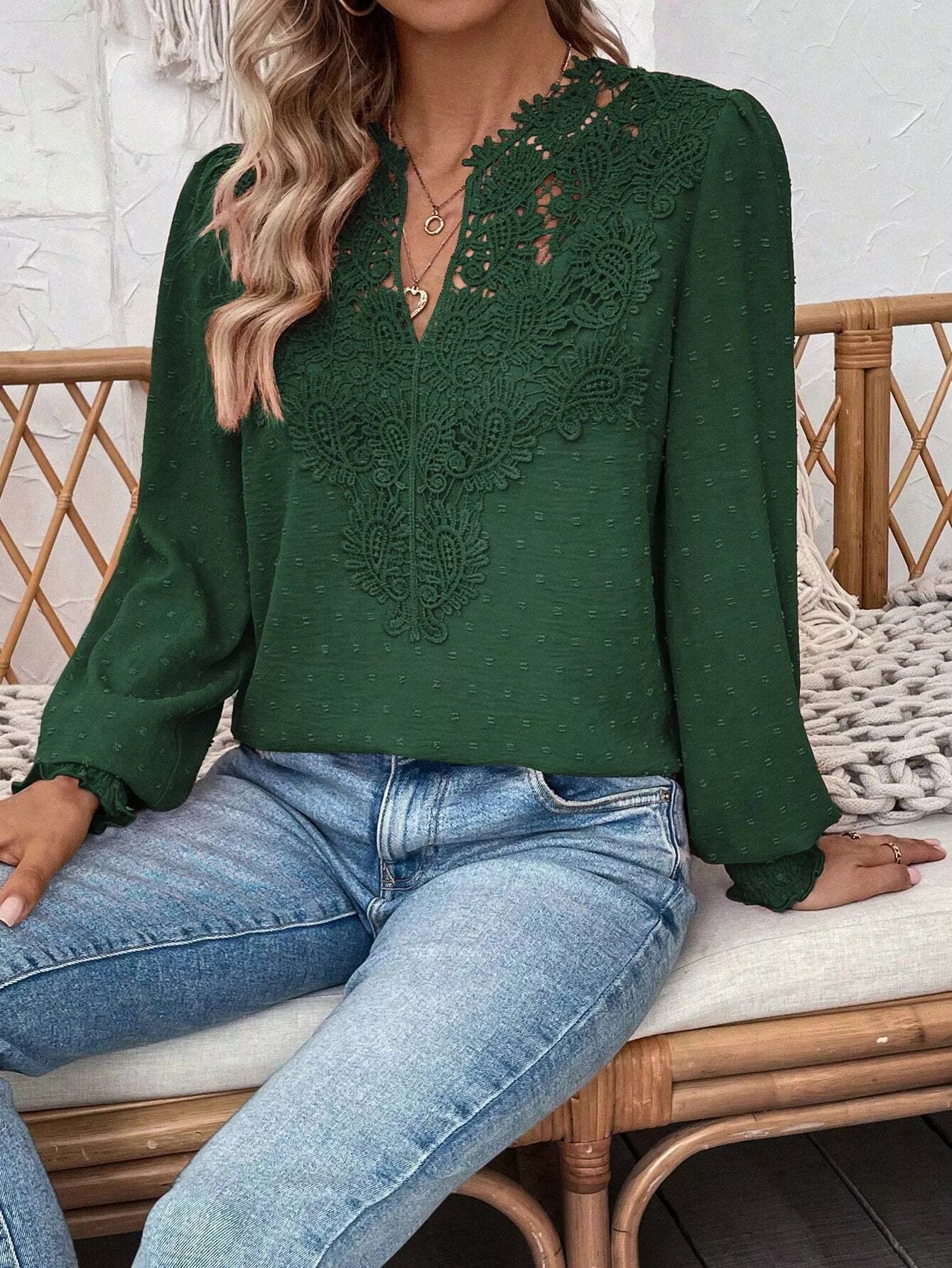 Lace Trim Long Sleeve Blouse OutfitFlow