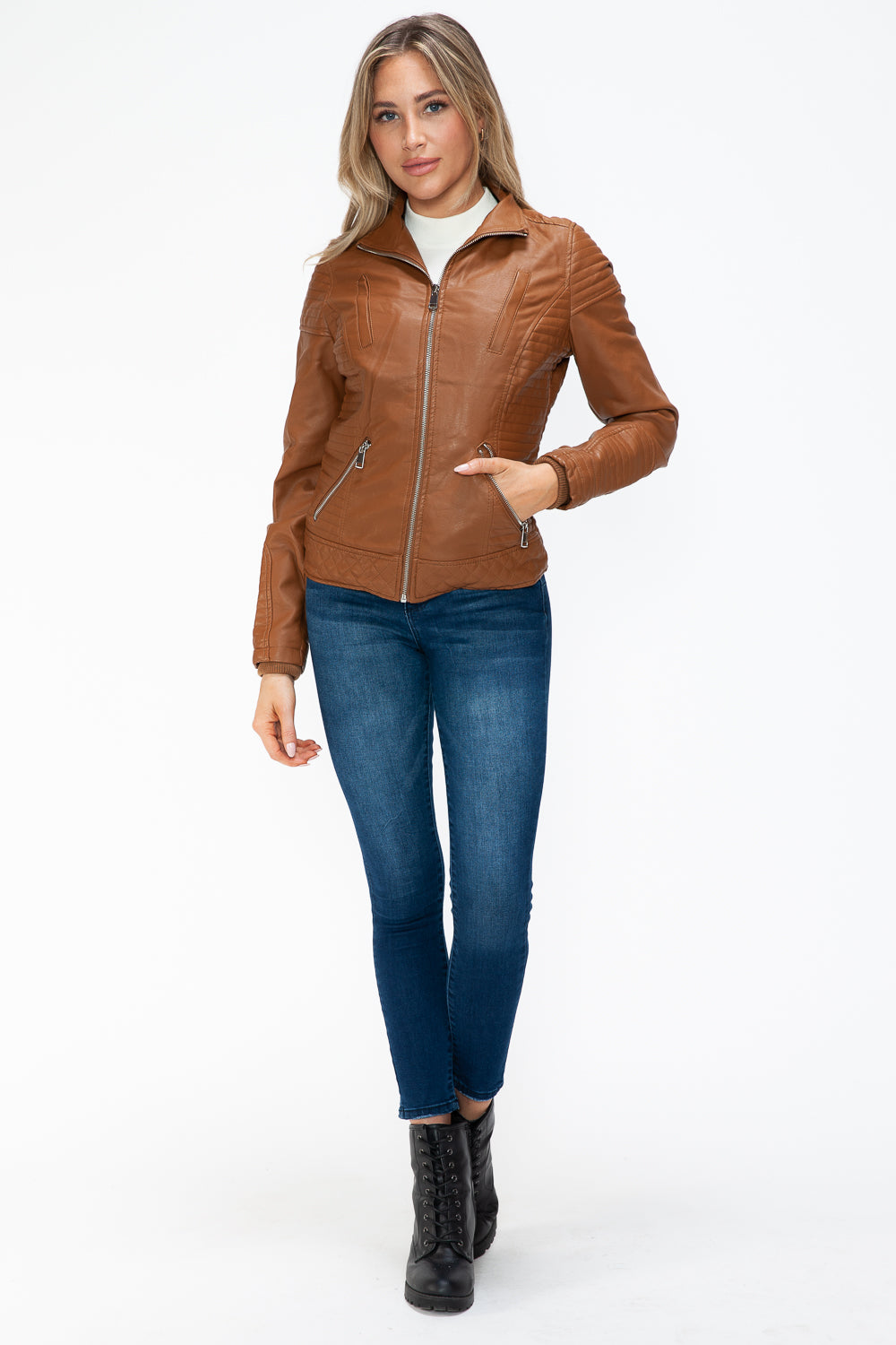 Outfit Flow - YMI Faux Layered Double-Zipper Jacket with Fuzzy Hood