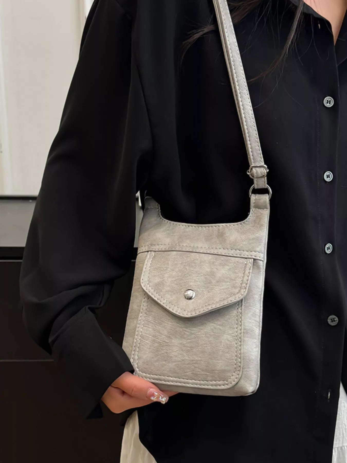 Adjustable Strap Leather Crossbody Bag Light Gray onesize OutfitFlow