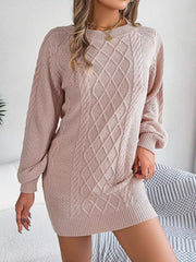 Diamond Cable Knit Sweater Dress with Long Sleeves Pink OutfitFlow