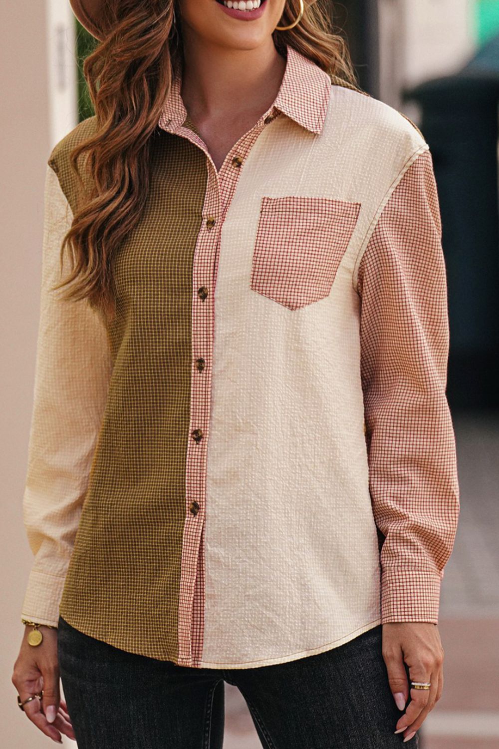 Outfit Flow - Contrast Plaid Button Down Long Sleeve Shirt