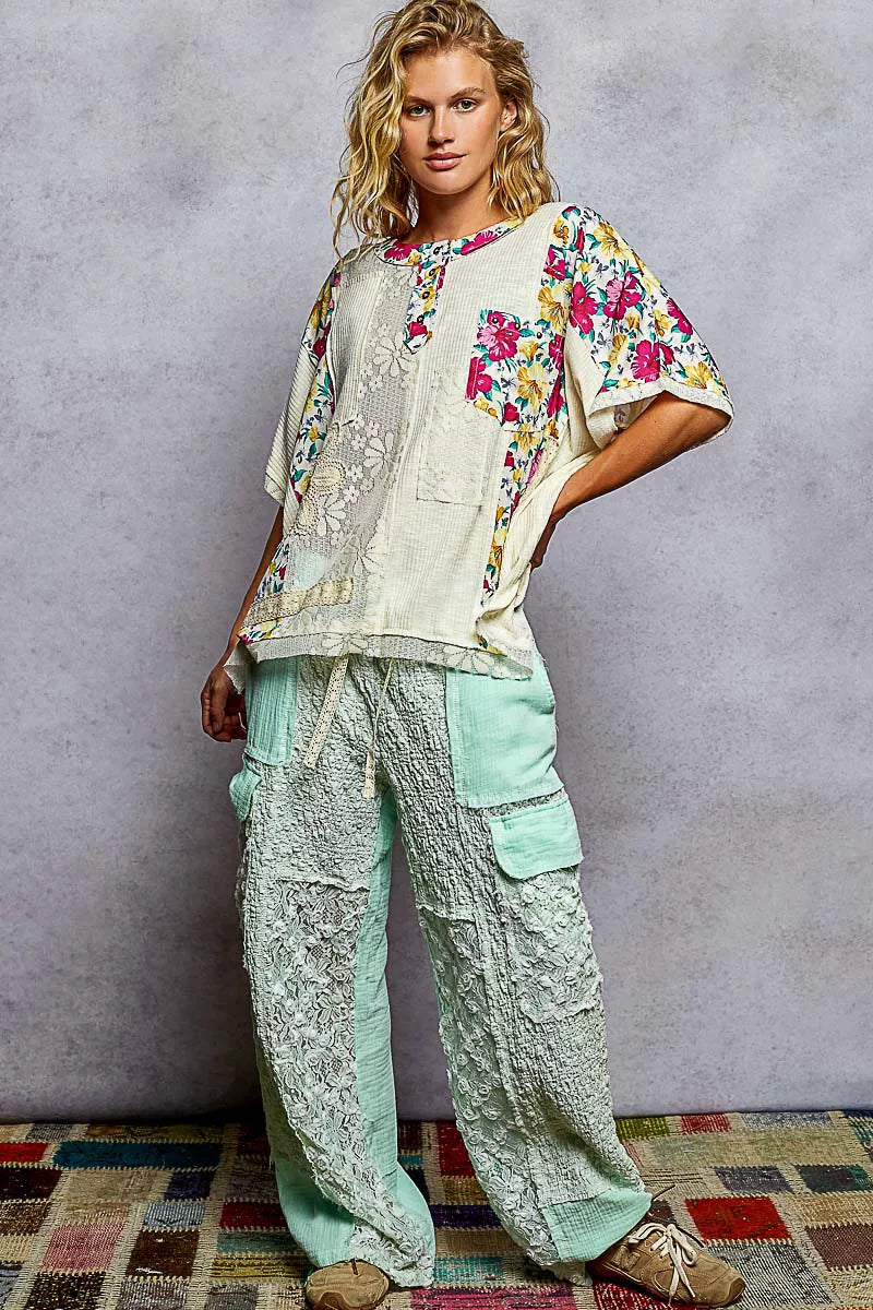POL Lace Round Neck Short Sleeve Floral Pattern Top with Patch Detail OutfitFlow