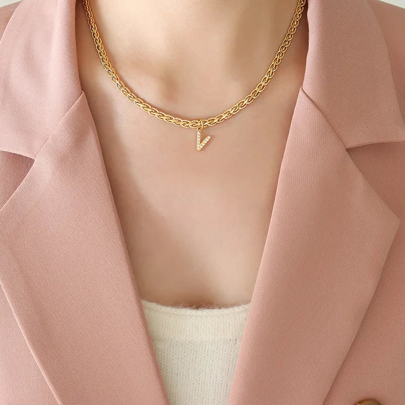 Brass Inlaid Zircon Letter Pendant Necklace Style V One Size OutfitFlow