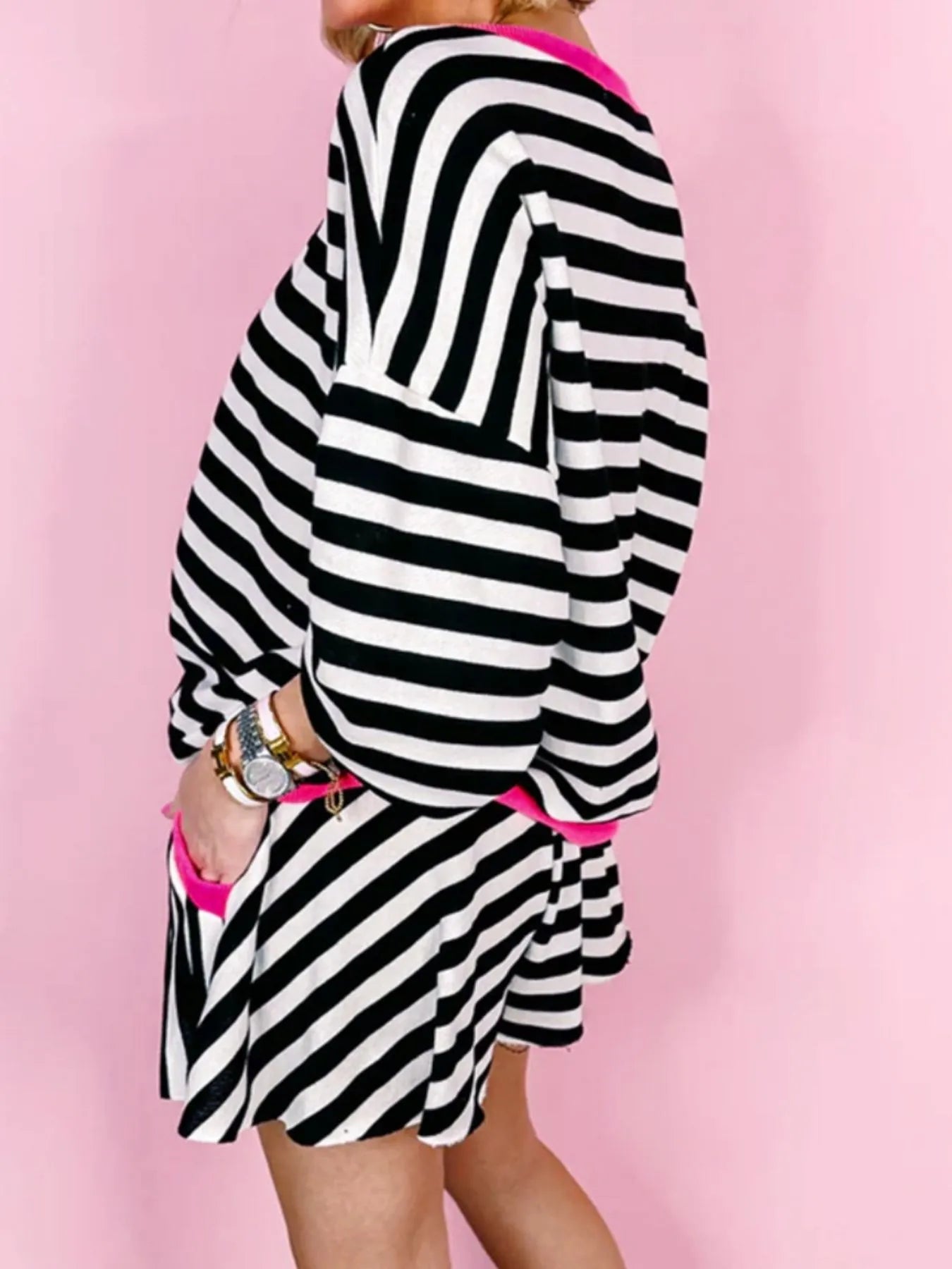 Stripe Contrast Ribbed Banding Long Sleeve Blouse and Loose Shorts Set OutfitFlow