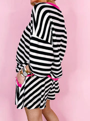 Stripe Contrast Ribbed Banding Long Sleeve Blouse and Loose Shorts Set OutfitFlow