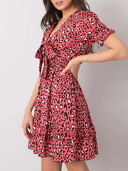 Leopard Print Tie Front Short Sleeve Mini Dress OutfitFlow