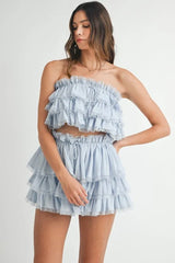 MABLE Ruffle Layered Crop Top and Mini Skirt Set OutfitFlow