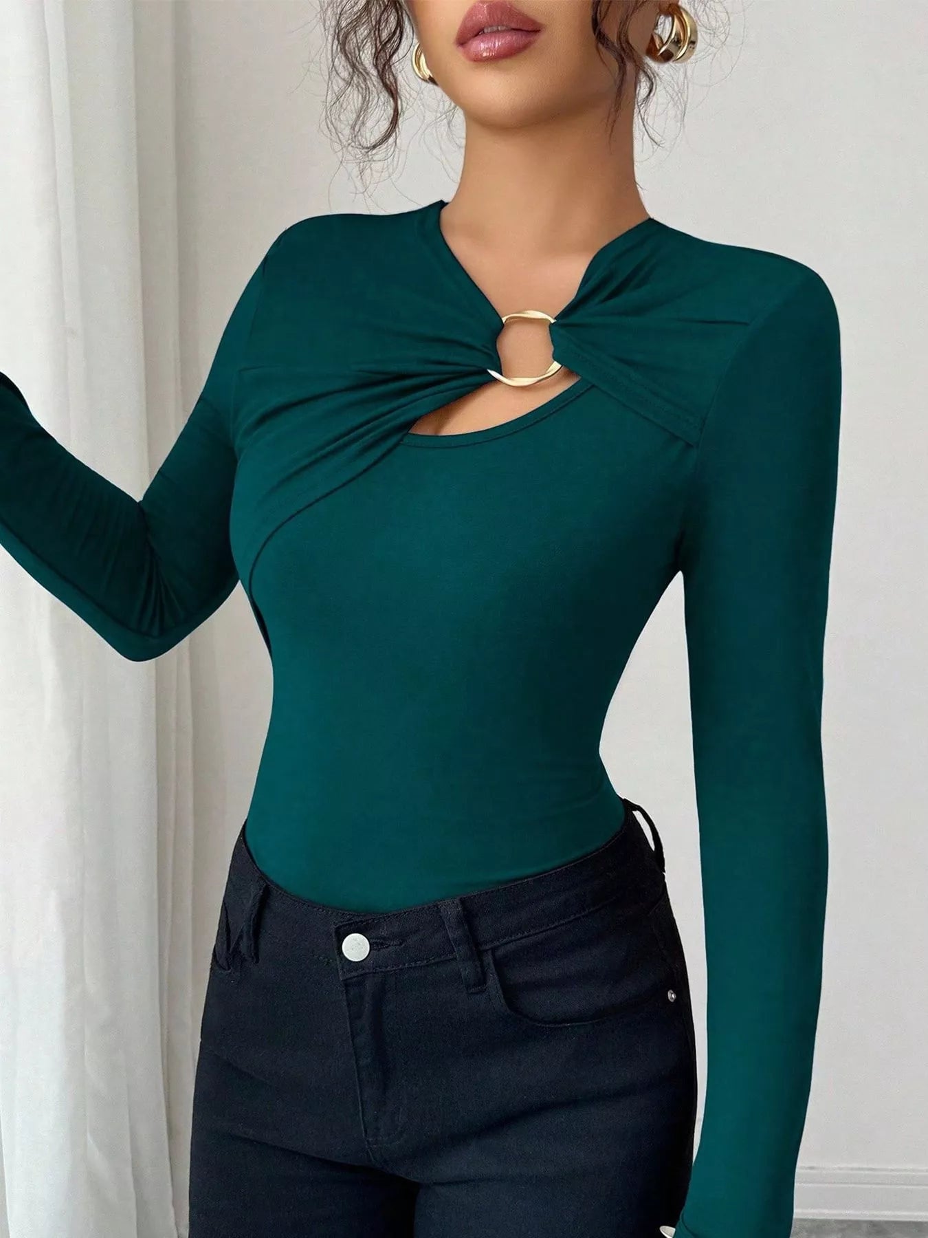Twist Front Ring Detail Long Sleeve T-Shirt OutfitFlow