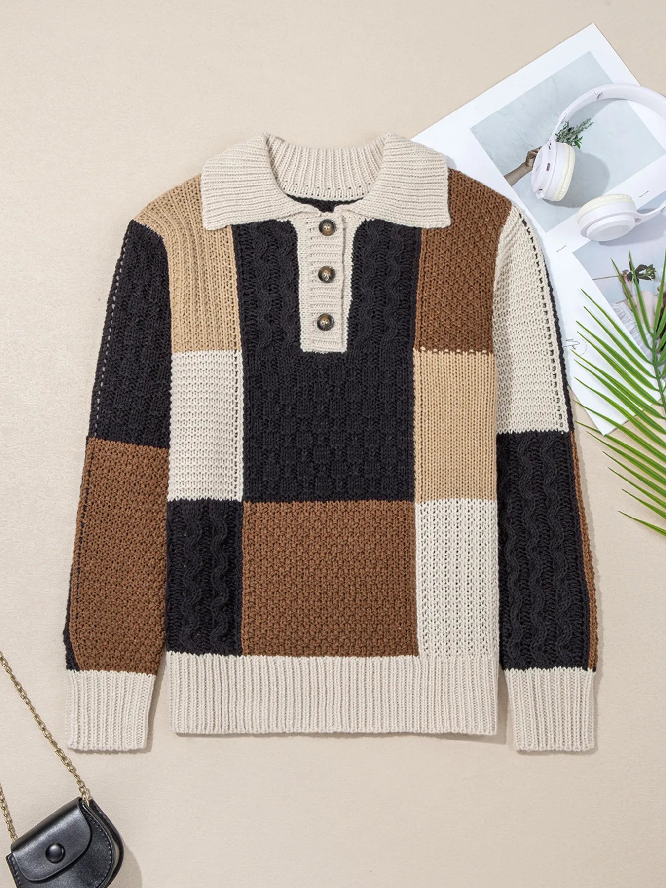 Multicolour Color Block Cable Knit Sleeve Buttons Collared Sweater OutfitFlow