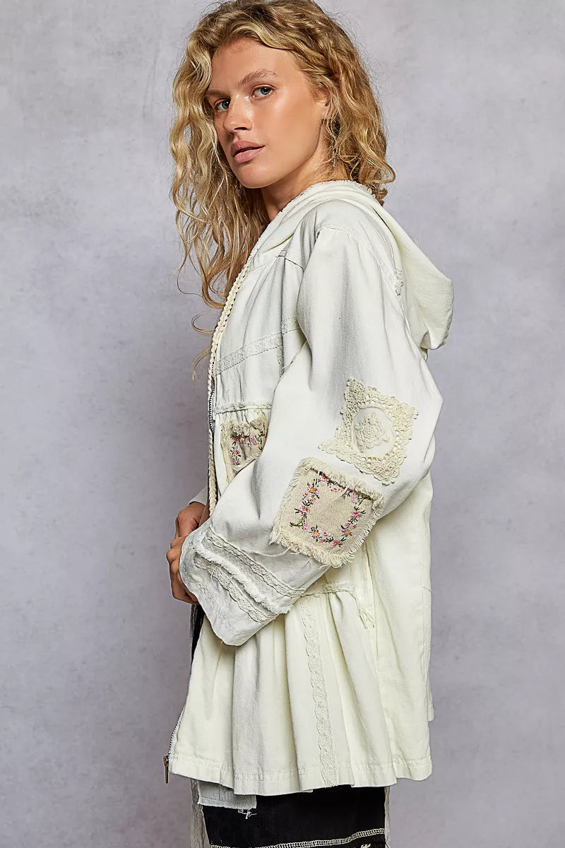 POL Embroidered Patch Hooded Jacket with Lace Detail OutfitFlow