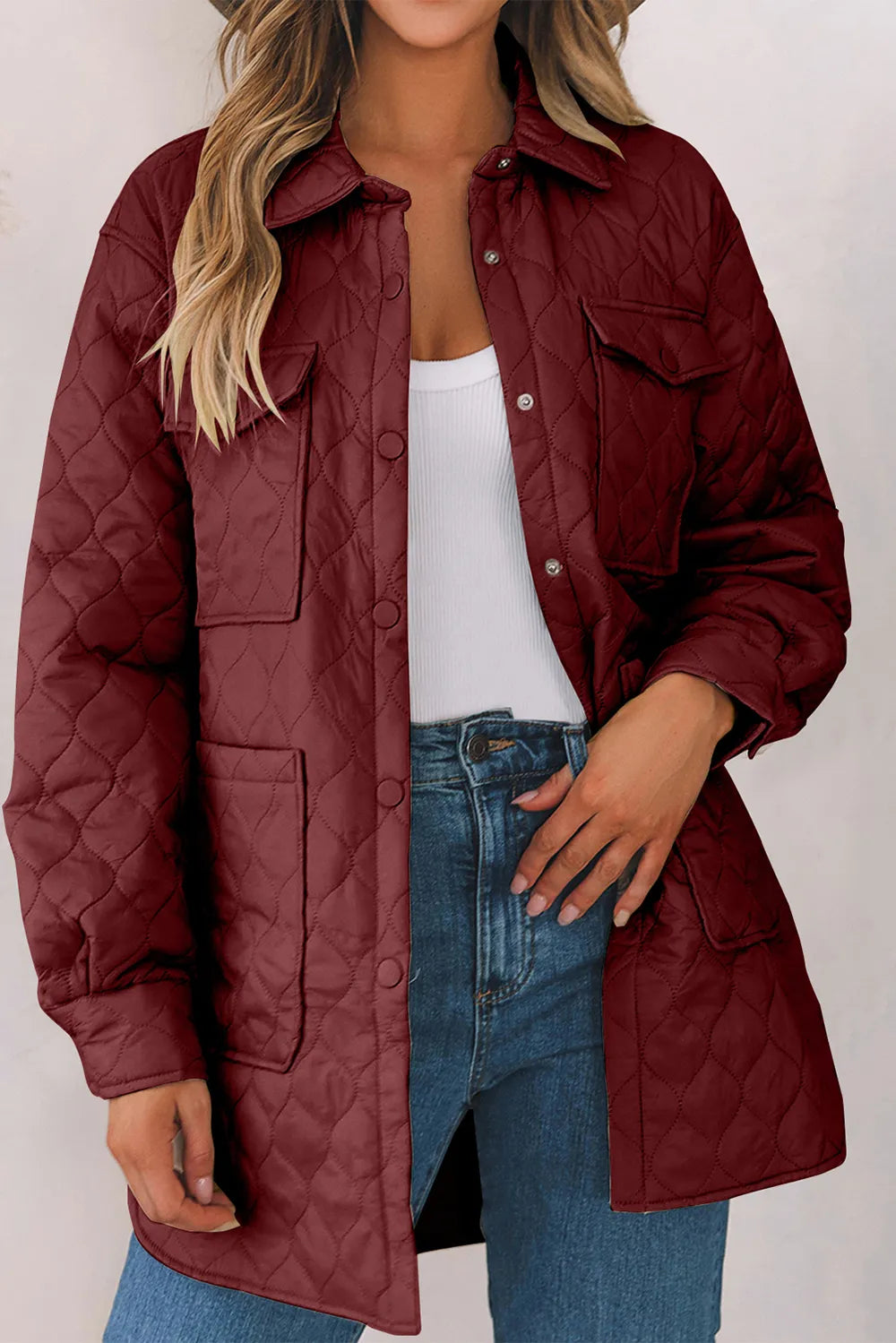 Snap Down Collared Winter Coat Burgundy OutfitFlow