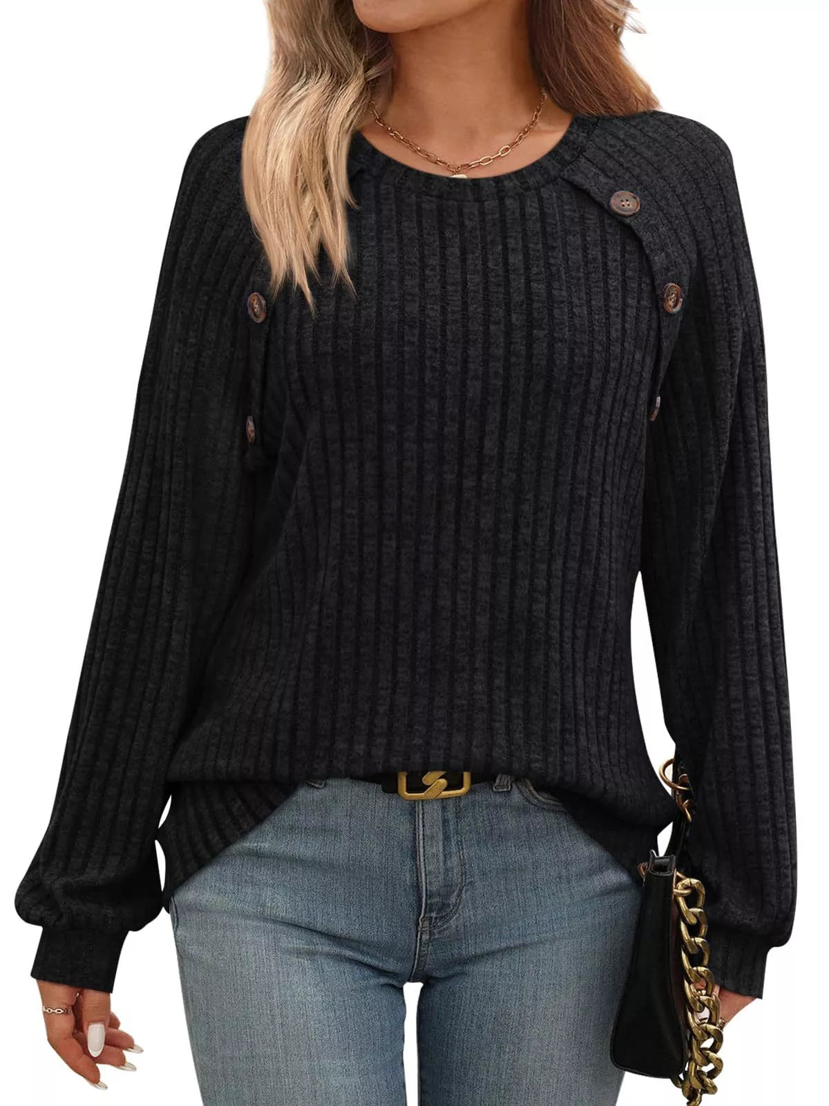 Ribbed Knit Decor Button Long Sleeve T-Shirt Black OutfitFlow