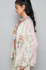 POL Lace Long Sleeve Shirt with Floral and Striped Pattern OutfitFlow