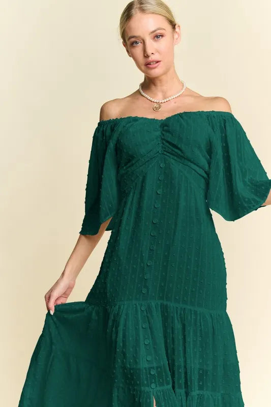 Davi & Dani Swiss Dotted Ruched Ruffle Open Back Midi Dress OutfitFlow
