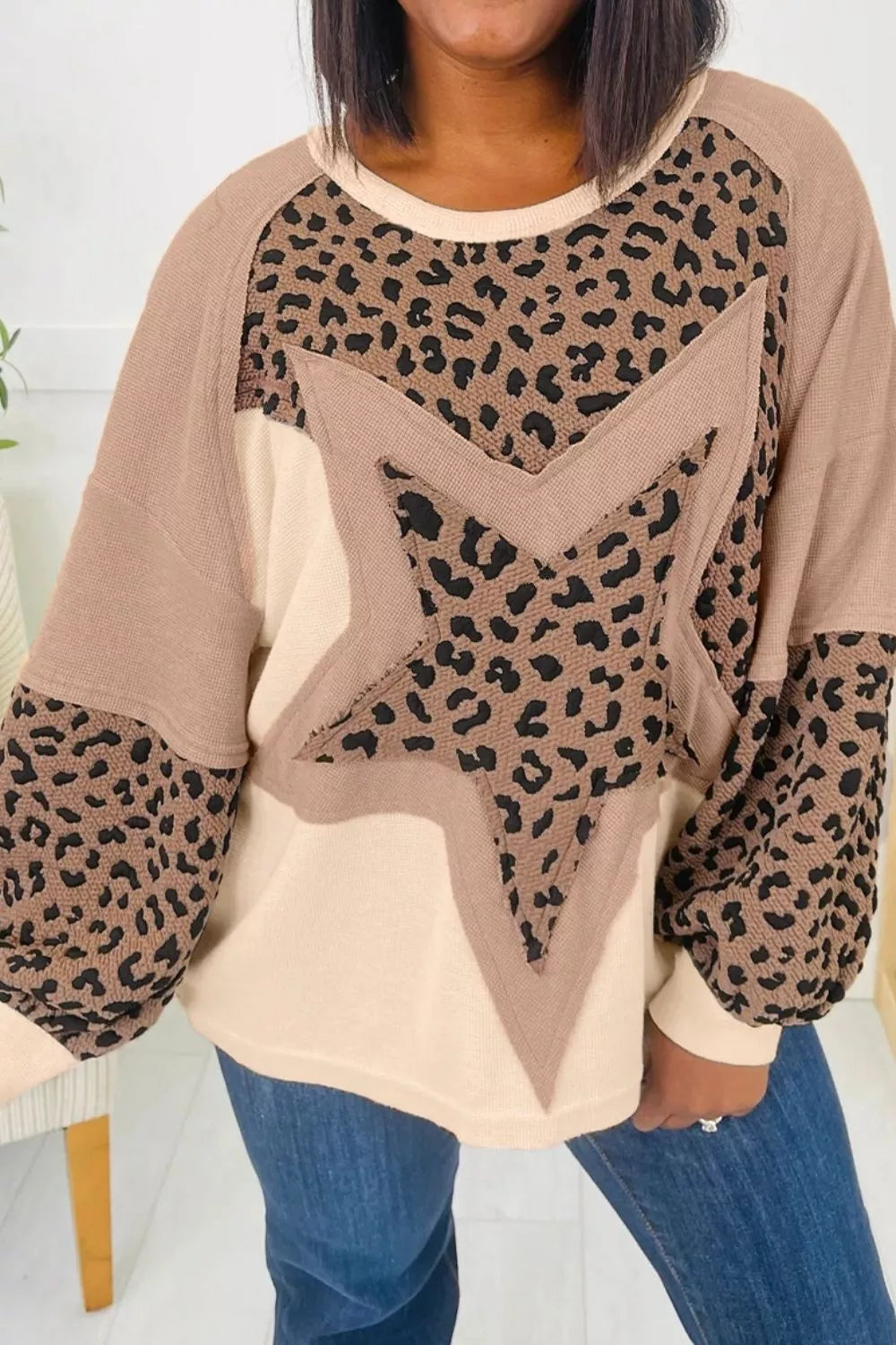 Leopard Star Patchwork Round Neck Sweatshirt OutfitFlow
