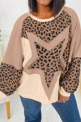 Leopard Star Patchwork Round Neck Sweatshirt OutfitFlow