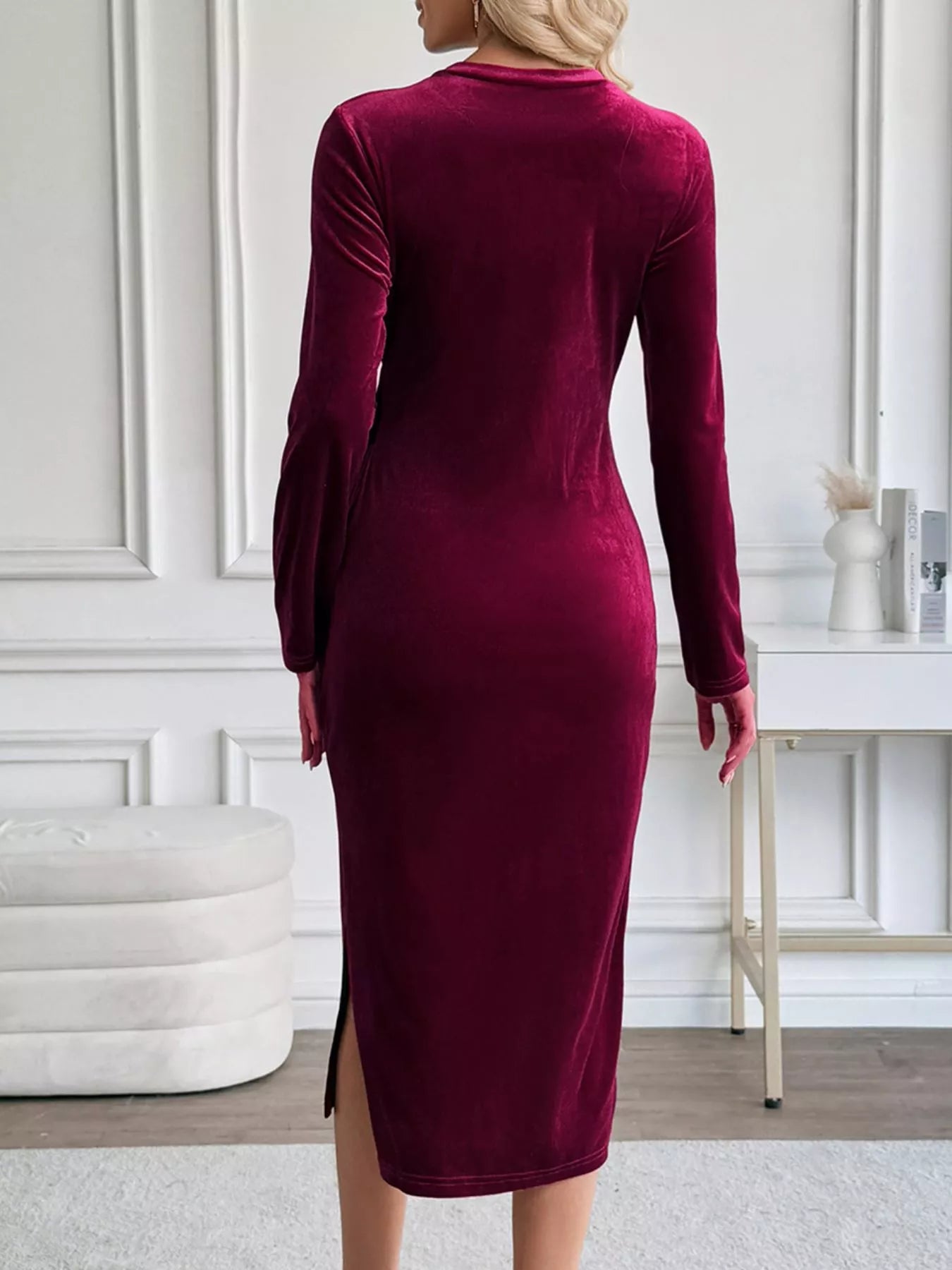 Velvet Slit Round Neck Long Sleeve Dress with Side Tie Detail OutfitFlow