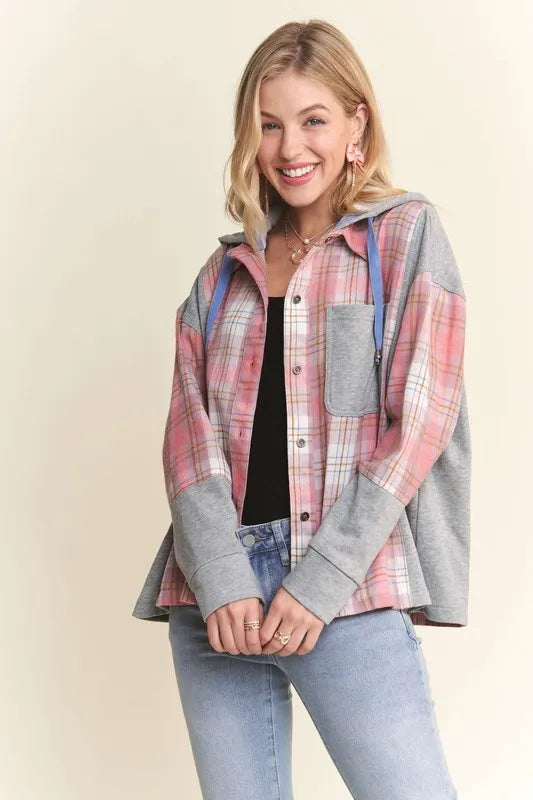 ADORA Button Down Plaid Hoodie Shacket OutfitFlow