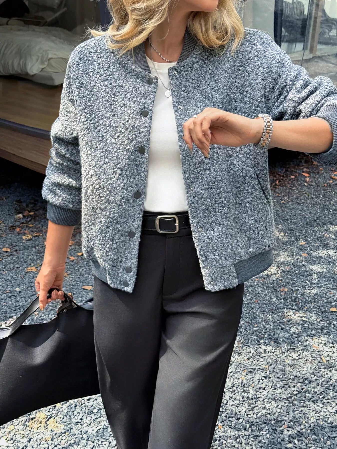 Snap Down Dropped Shoulder Jacket Gray OutfitFlow