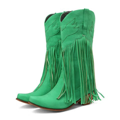 Point Toe Block Heels Boots Green OutfitFlow