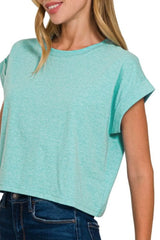 Zenana Rolled Sleeve Crop T-Shirt OutfitFlow