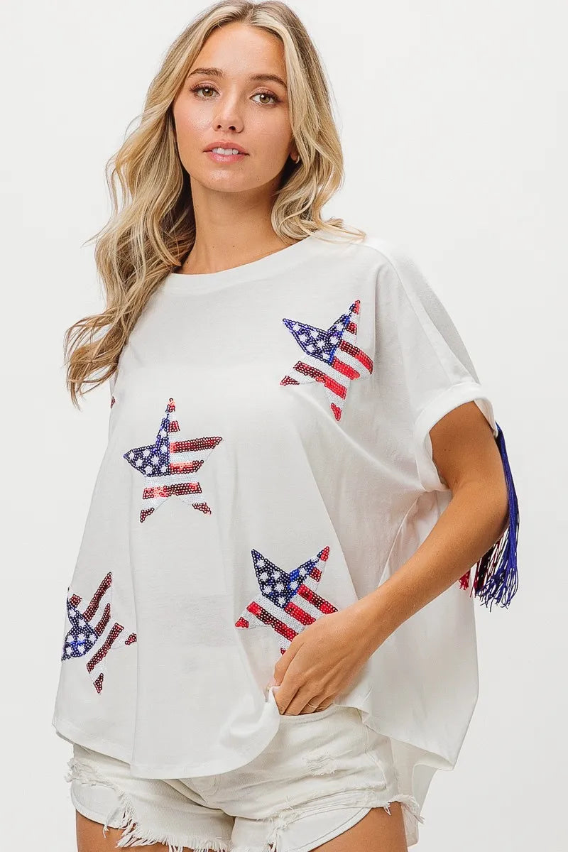 BiBi American Flag Sequin Star Fringe Top OutfitFlow