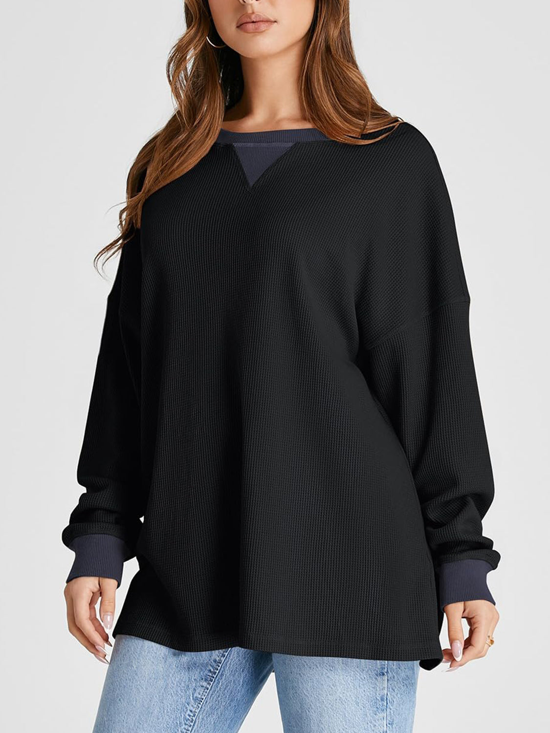 Outfit Flow - Waffle Knit Round Neck Long Sleeve T-Shirt