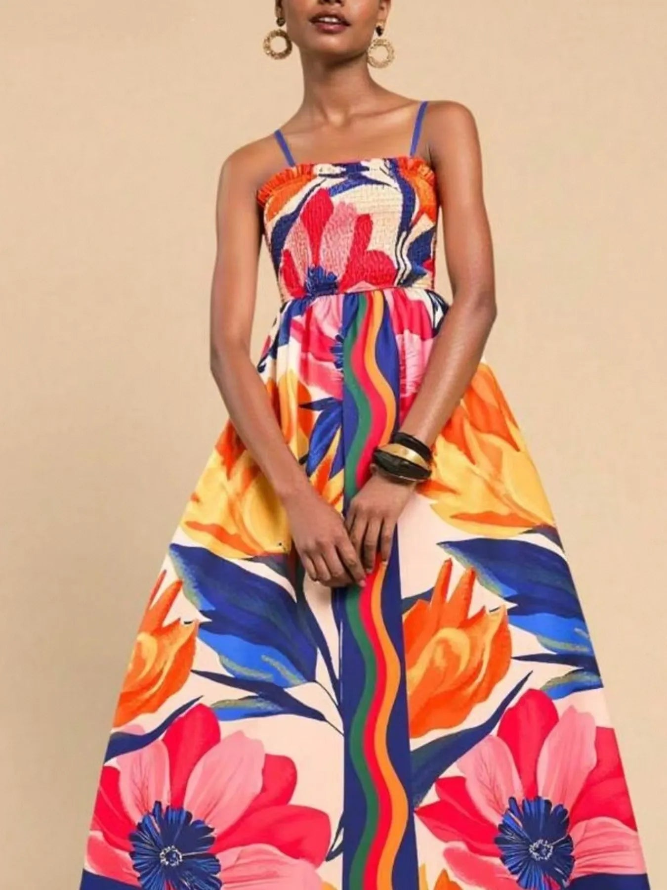 Smocked Printed Spaghetti Strap Maxi Summer Dress OutfitFlow