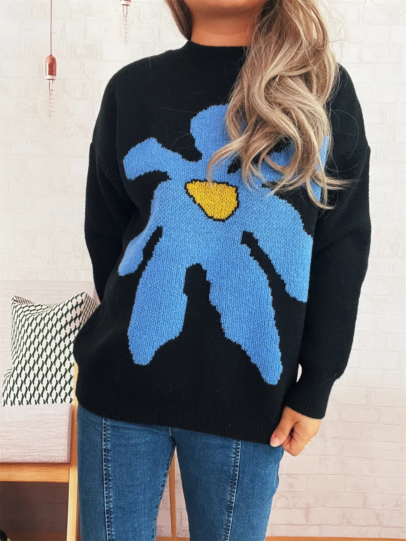 Flower Dropped Shoulder Sweater Black One Size Trendsi