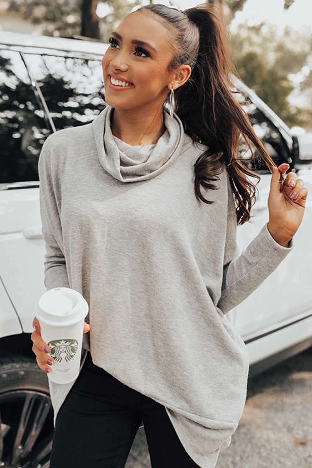 Outfit Flow - Side Slit High-Low Cowl Neck Long Sleeve Blouse