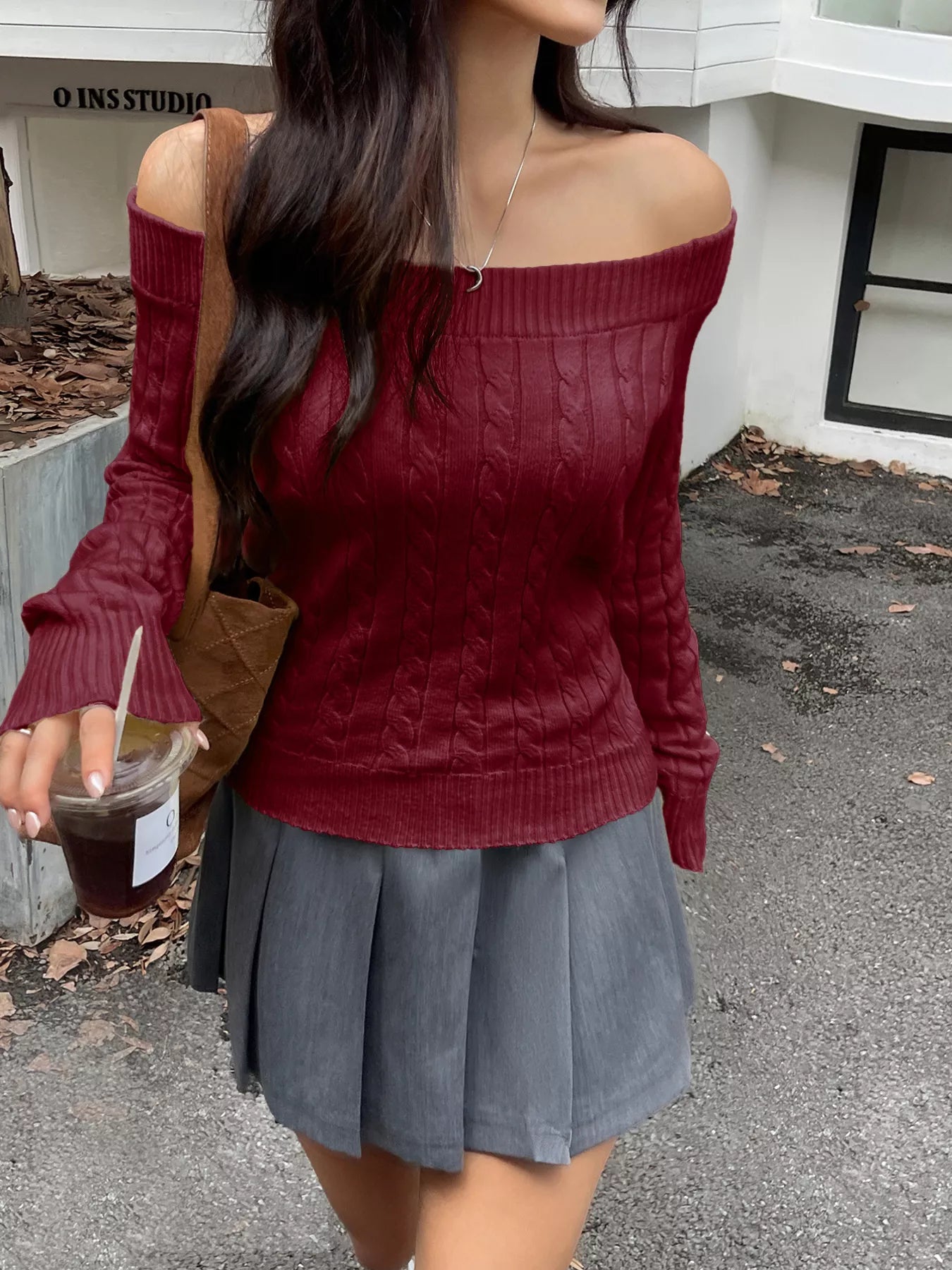 Off-Shoulder Cable Knit Sweater OutfitFlow