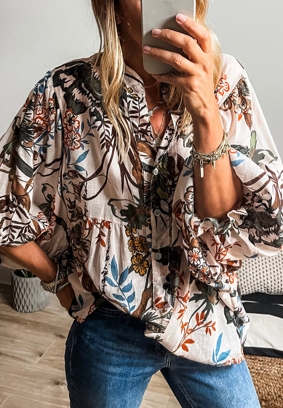 Outfit Flow - Printed Notched Flounce Sleeve Blouse