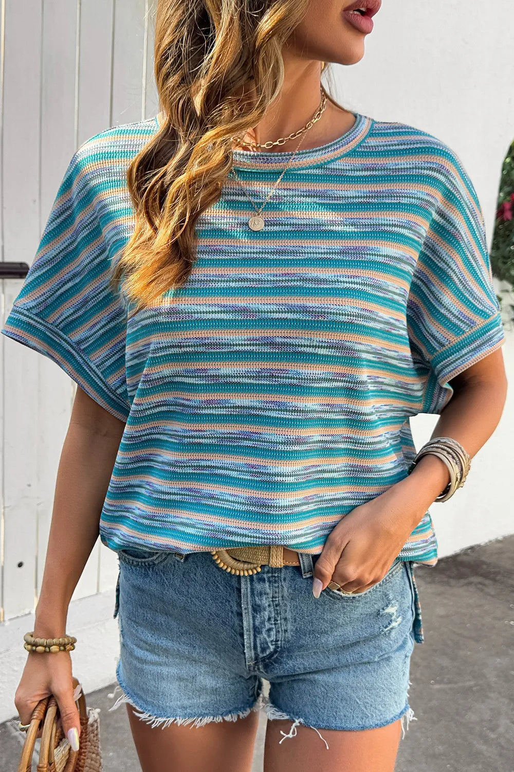 Multicolour Striped Wide Sleeve Loose T Shirt OutfitFlow