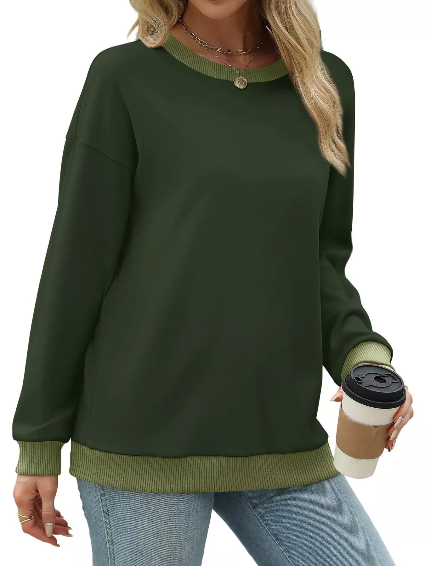 Contrast Trim Crew Neck Casual Sweatshirt OutfitFlow