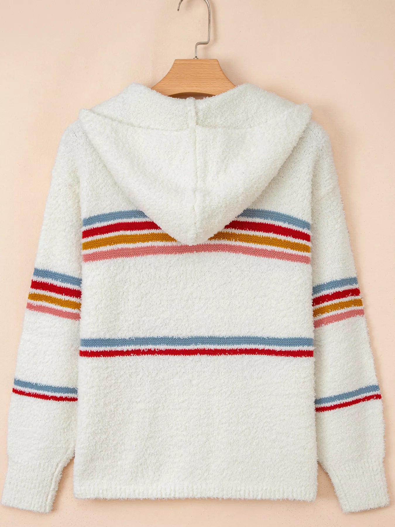 Multicolored Striped Accent Hooded Popcorn Sweater OutfitFlow
