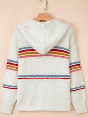 Multicolored Striped Accent Hooded Popcorn Sweater OutfitFlow