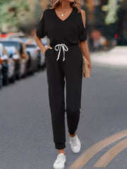 Cold Shoulder V-Neck Drawstring Waist Jumpsuit Trendsi