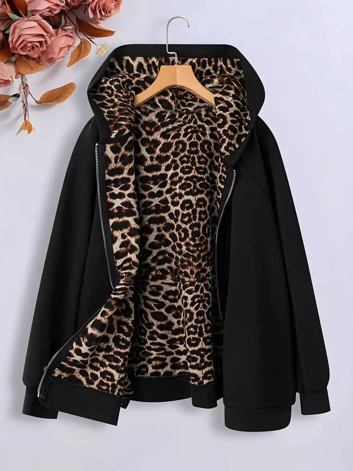 Hooded Leopard Lined Zip-Up Outerwear Black OutfitFlow