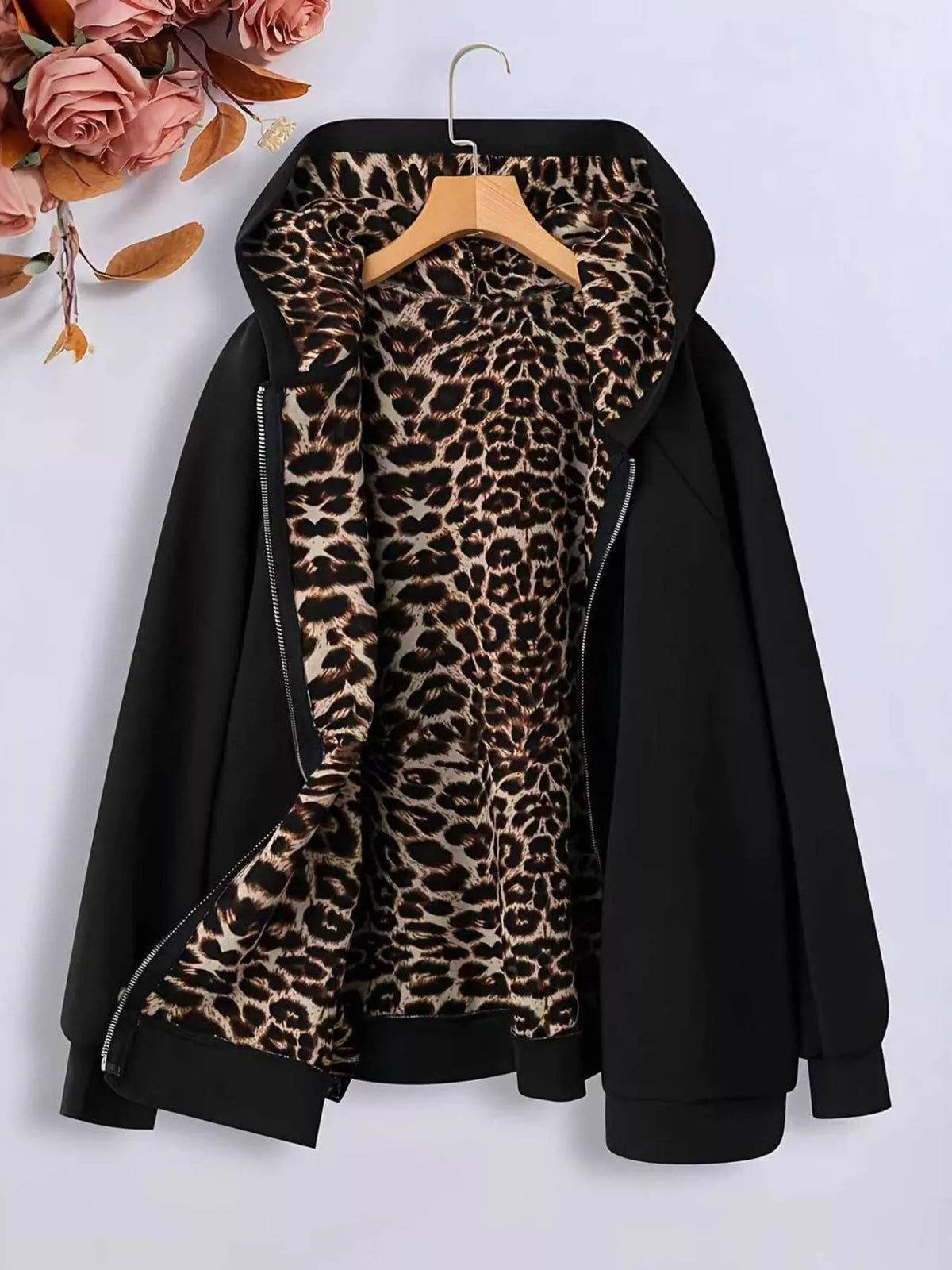 Hooded Leopard Lined Zip-Up Outerwear Black OutfitFlow