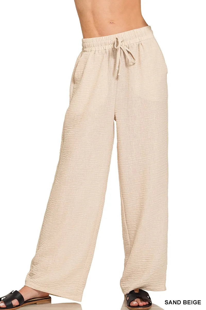 Zenana Woven Crepe Elastic Band Pants SAND BEIGE Trendsi