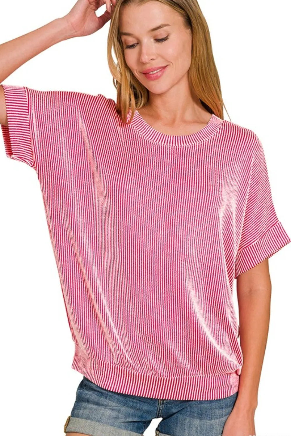 Zenana Corded Rib Short Sleeve T-Shirt HOT PINK OutfitFlow