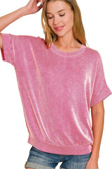 Zenana Corded Rib Short Sleeve T-Shirt HOT PINK OutfitFlow