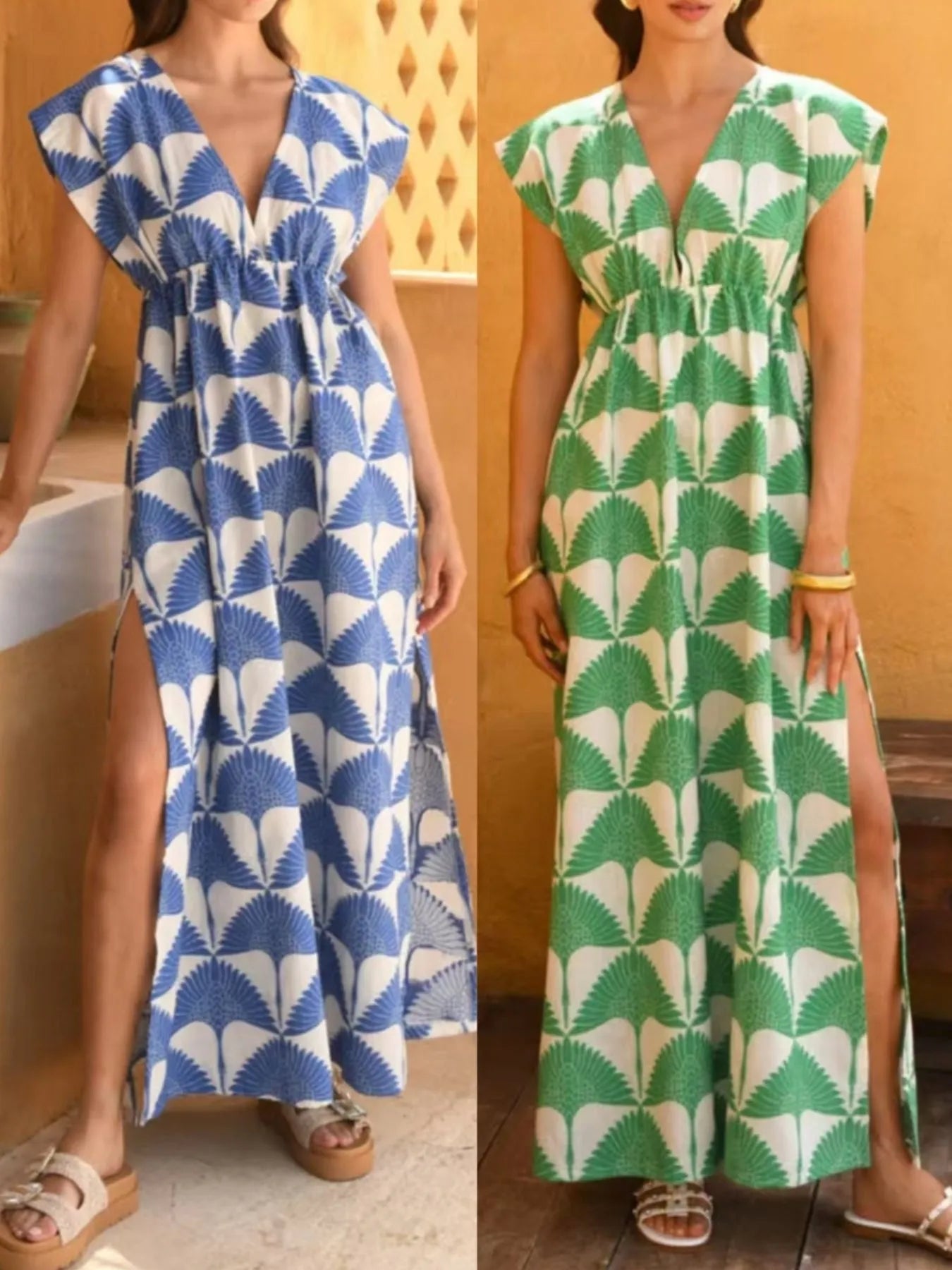 Slit Printed V-Neck Cap Sleeve Maxi Dress OutfitFlow